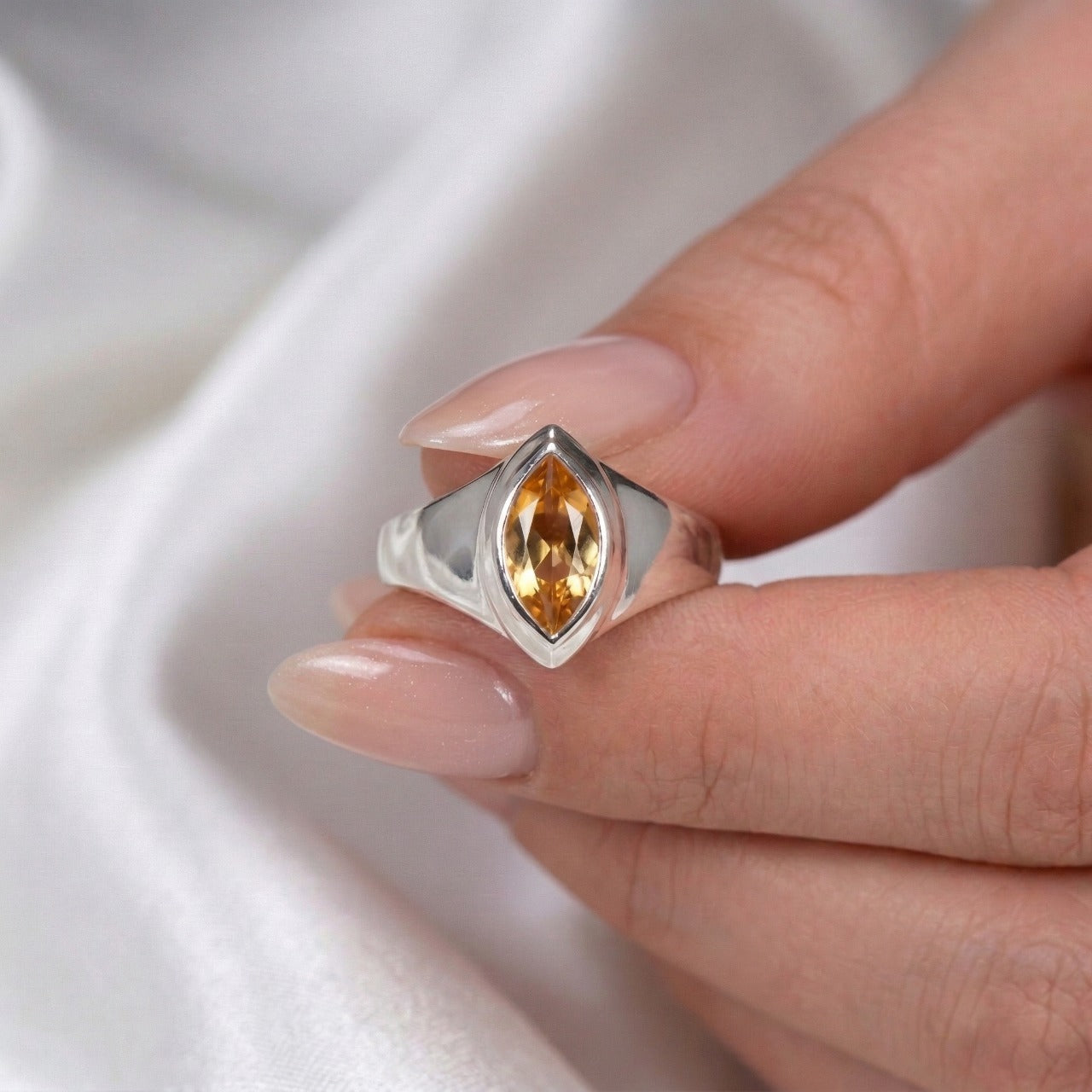 Champagne Quartz Marquise Silver Ring
