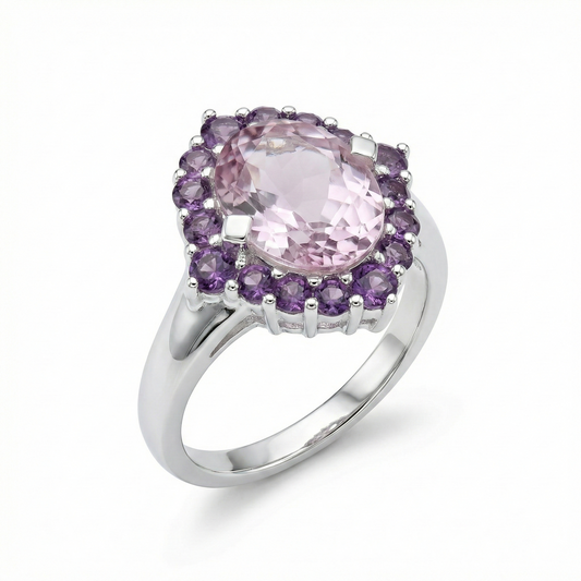 Pink Amethyst Halo Silver Ring
