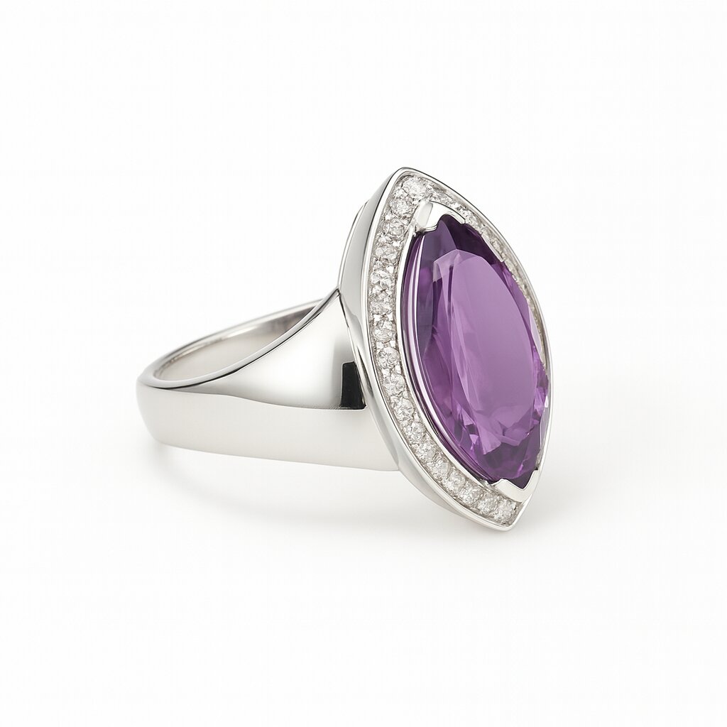 a modern silver ring with a central amethyst