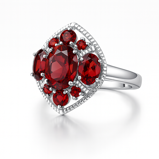 Silver ring with natural garnet cluster
