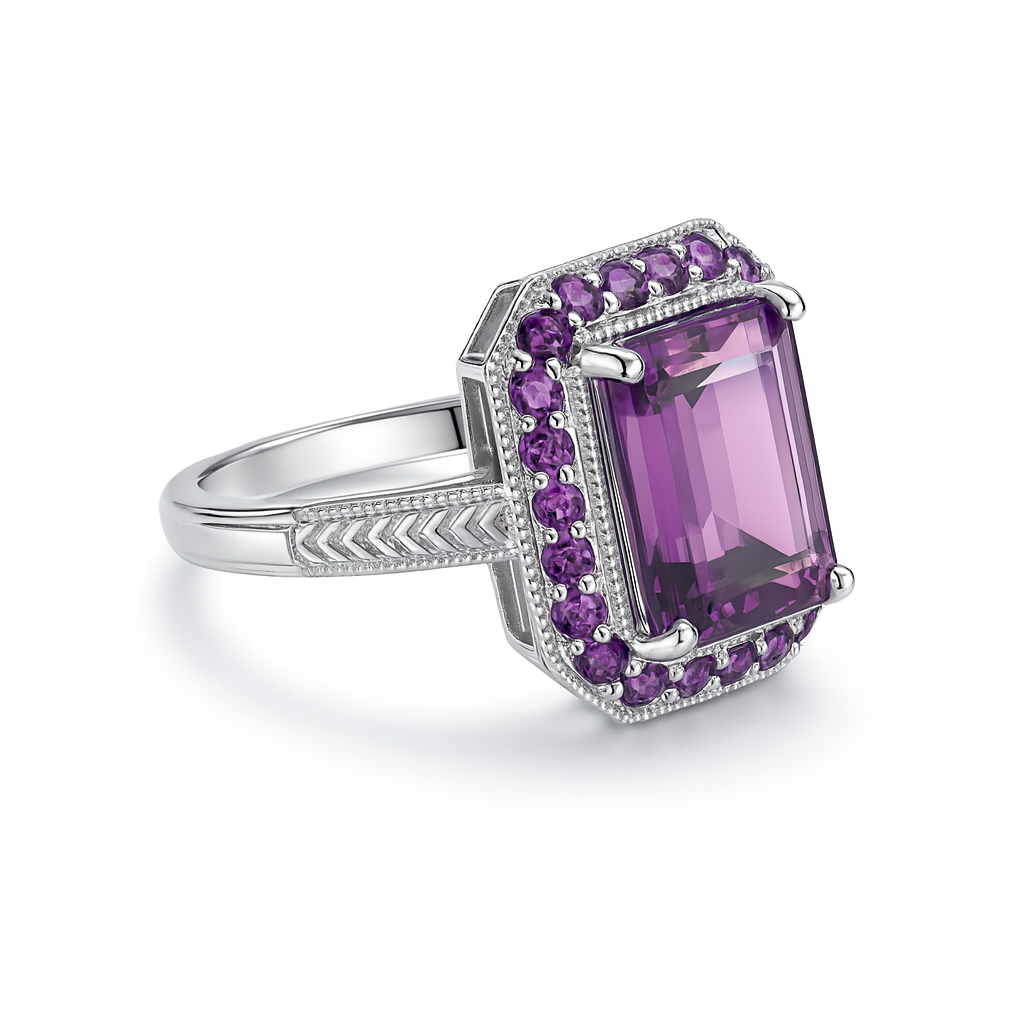 halo ring with a large amethyst central stone