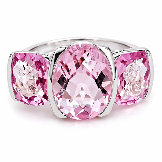 Silver ring with three pink gemstones on a white background