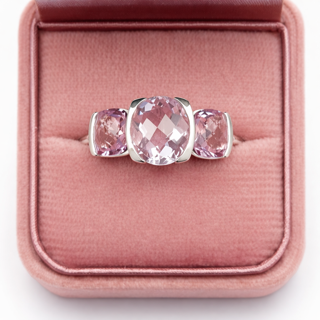 Ring with pink gemstones in a pink jewelry box