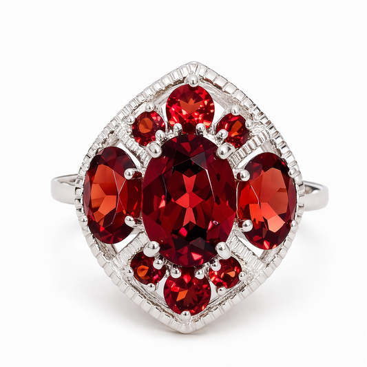 Bohemian Garnets Cluster Silver Ring