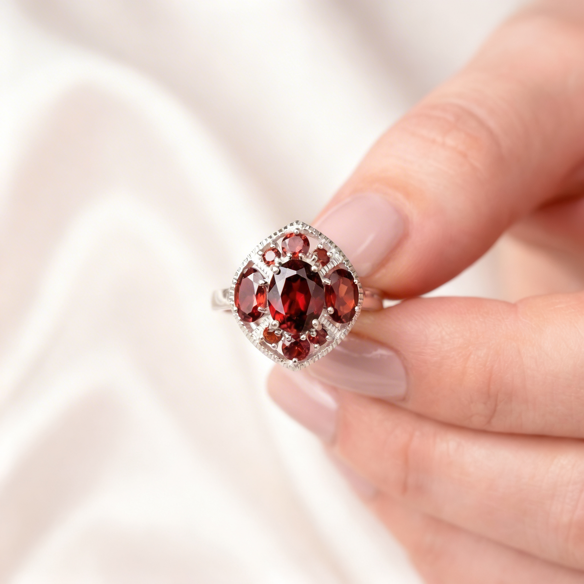 Garnet Cluster Silver Ring