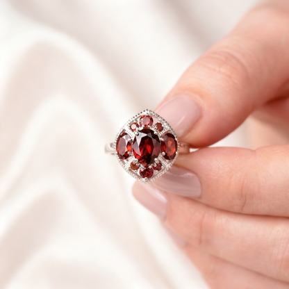 Garnet Cluster Silver Ring