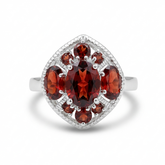 Garnet Cluster Silver Ring