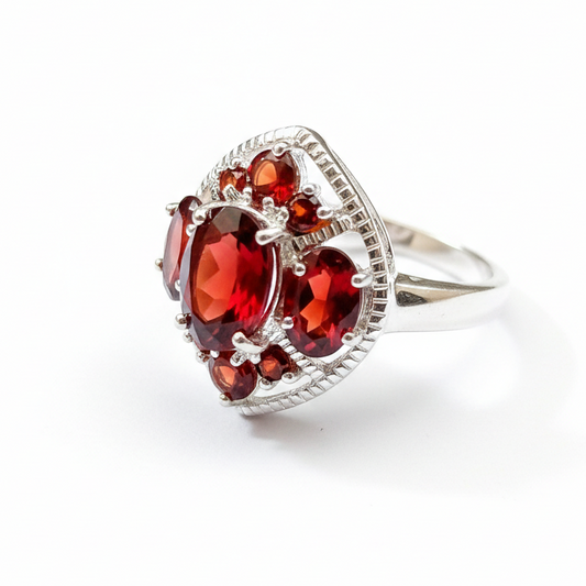 Garnet Cluster Silver Ring