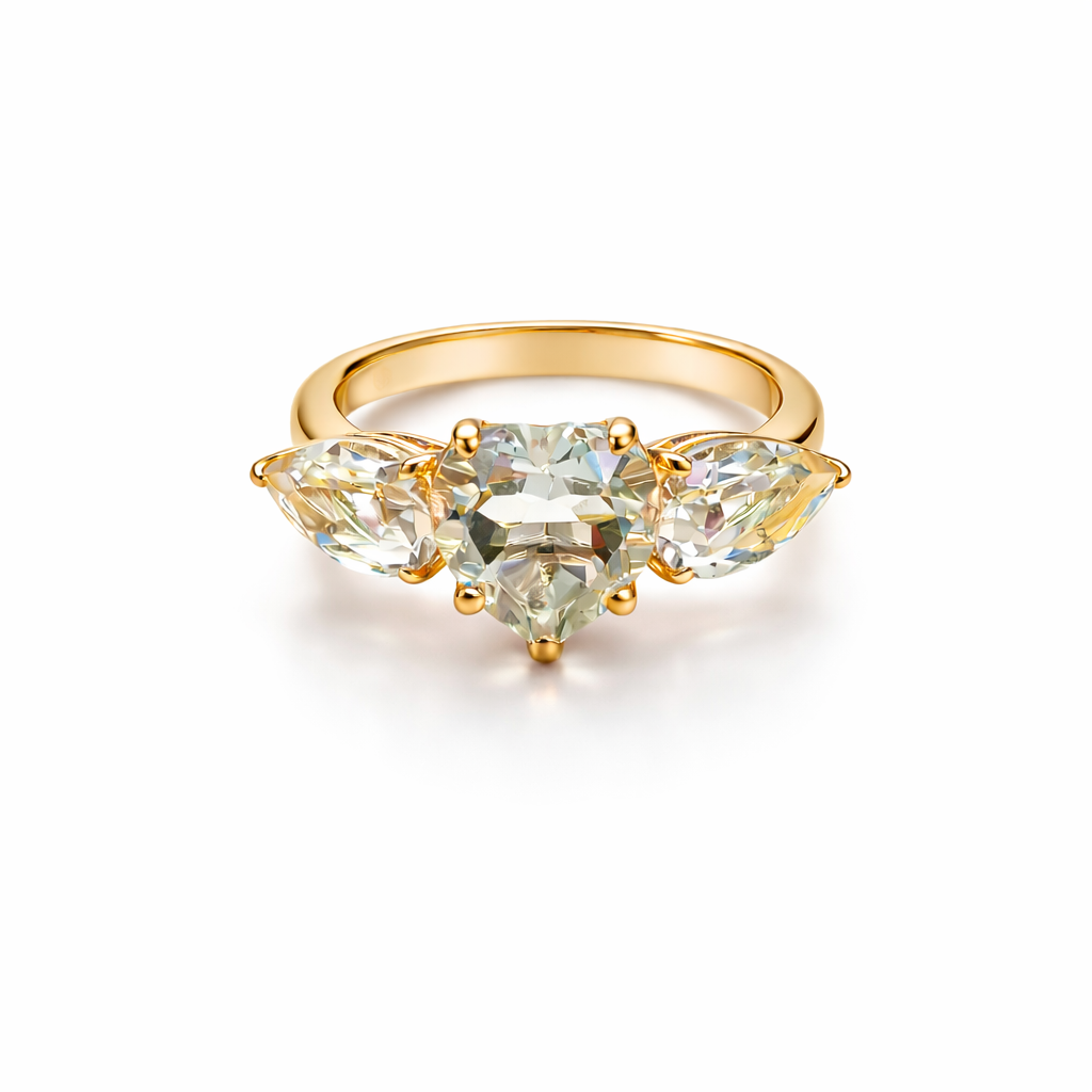 Green Quartz Heart Trilogy Gold Ring