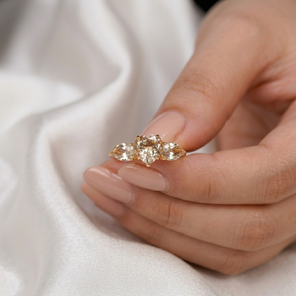 Green Quartz Heart Trilogy Gold Ring