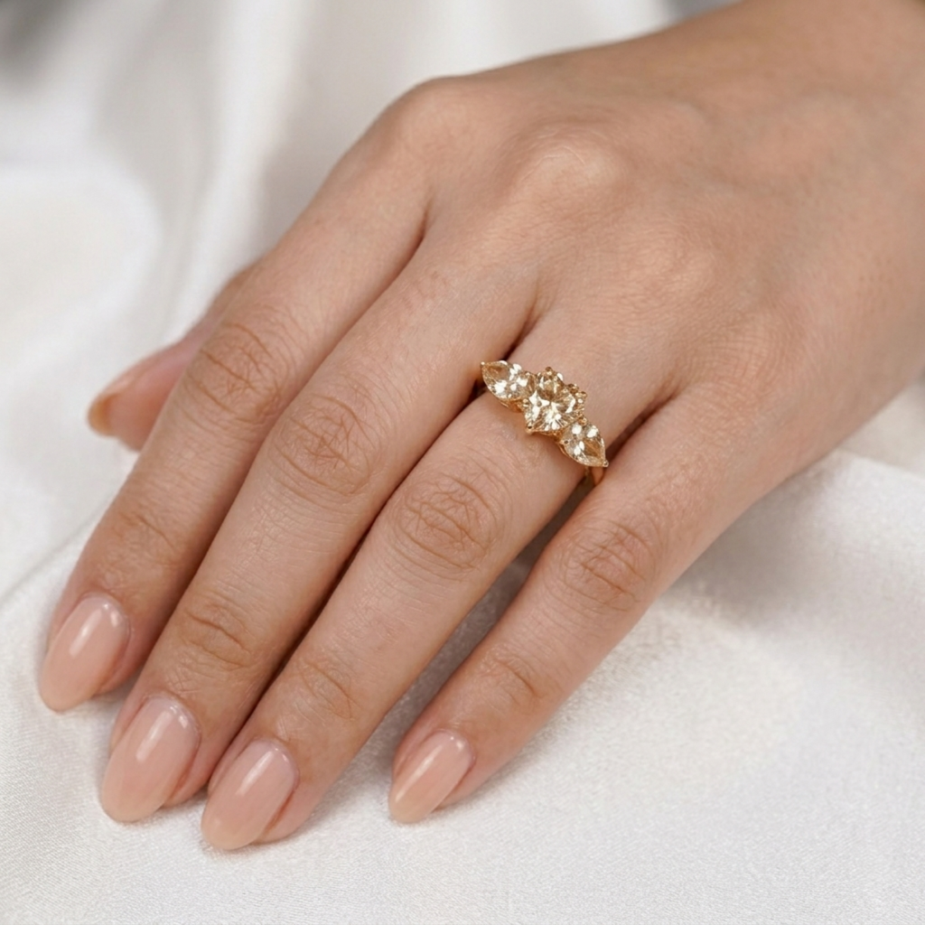 Green Quartz Heart Trilogy Gold Ring
