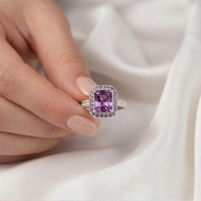 Zilveren halo amethist ring