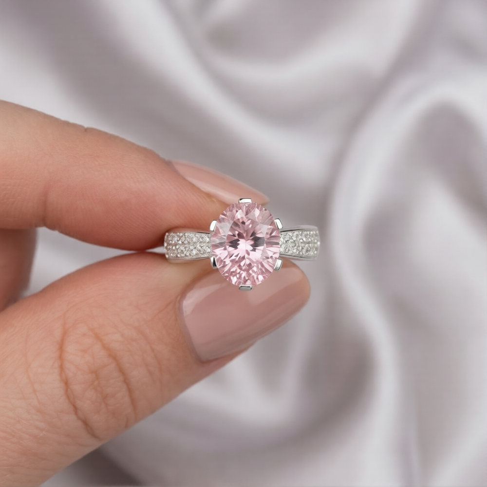 Large Pink Solitaire Silver Ring