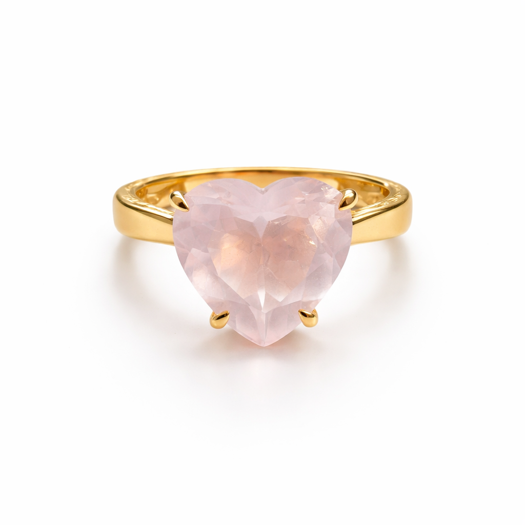 Large Rose Quartz Heart Gold Ring