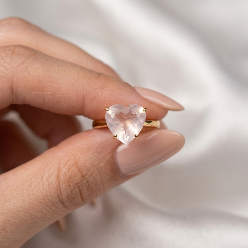 Large Rose Quartz Heart Gold Ring