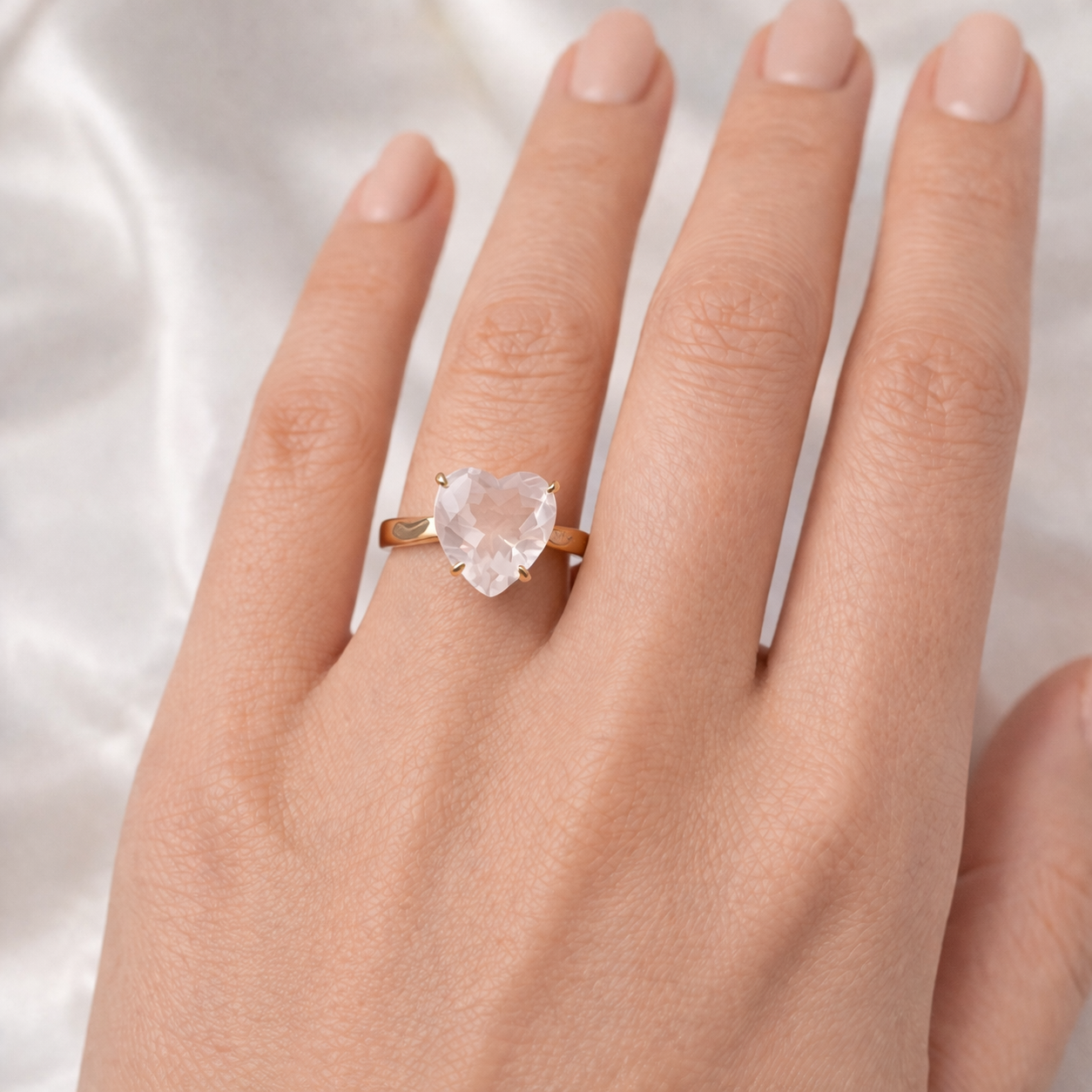 Large Rose Quartz Heart Gold Ring