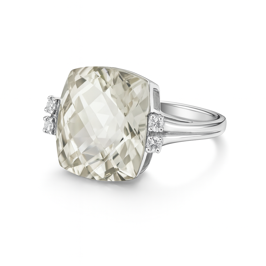 Silver ring with a large mint green quartz and little peridots