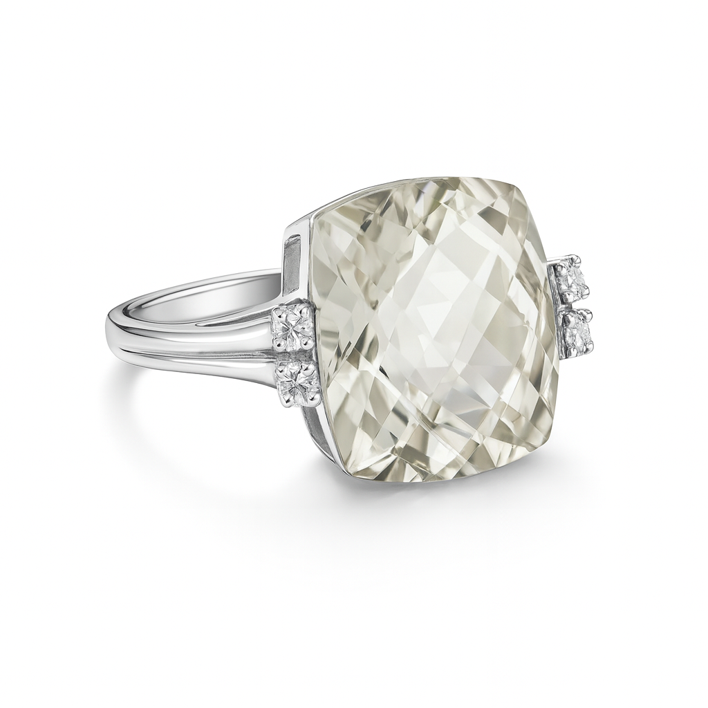 Silver ring with a large, faceted mint green quartz and peridots