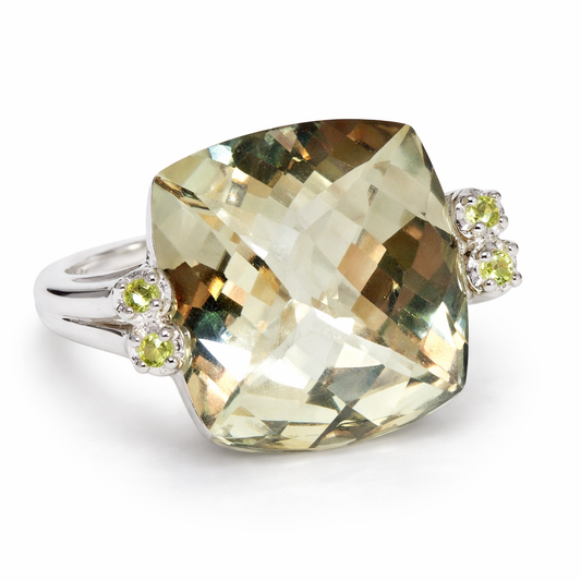 Ring with a large mint green quartz and smaller peridots