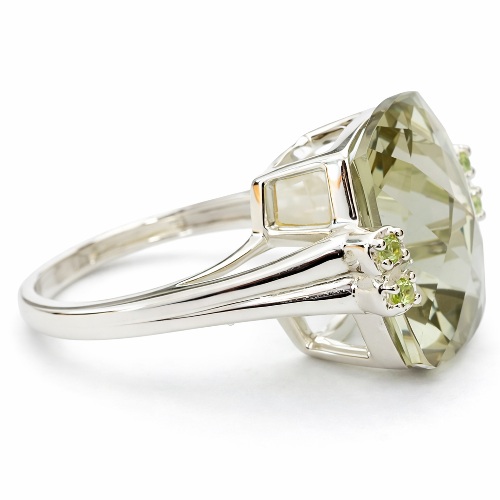 Silver ring with a large green gemstone