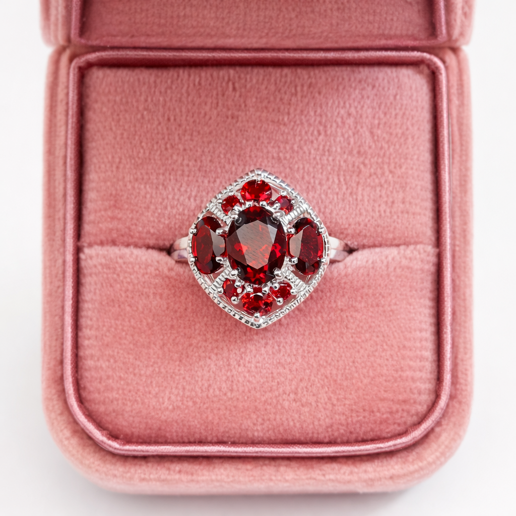 Garnet Cluster Silver Ring