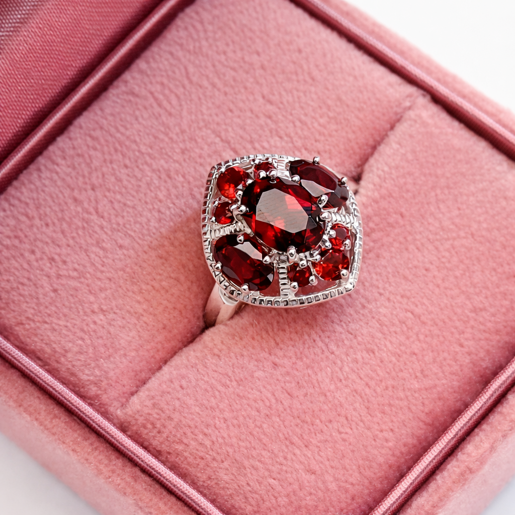 Red gemstone ring with silver accents on a pink cushion