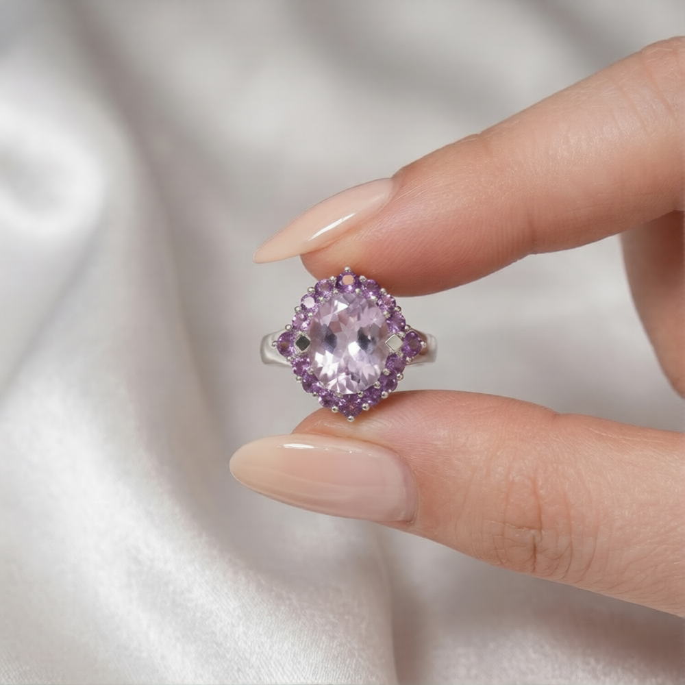 Pink Amethyst Halo Silver Ring