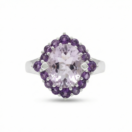  Pink Amethyst Halo Silver Ring