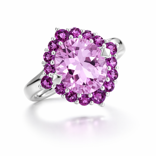 Pink Amethyst Halo Silver Ring