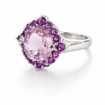Pink Amethyst Halo Silver Ring