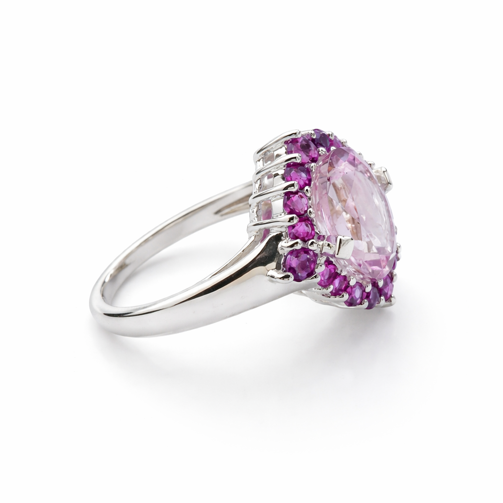 Pink Amethyst Halo Silver Ring