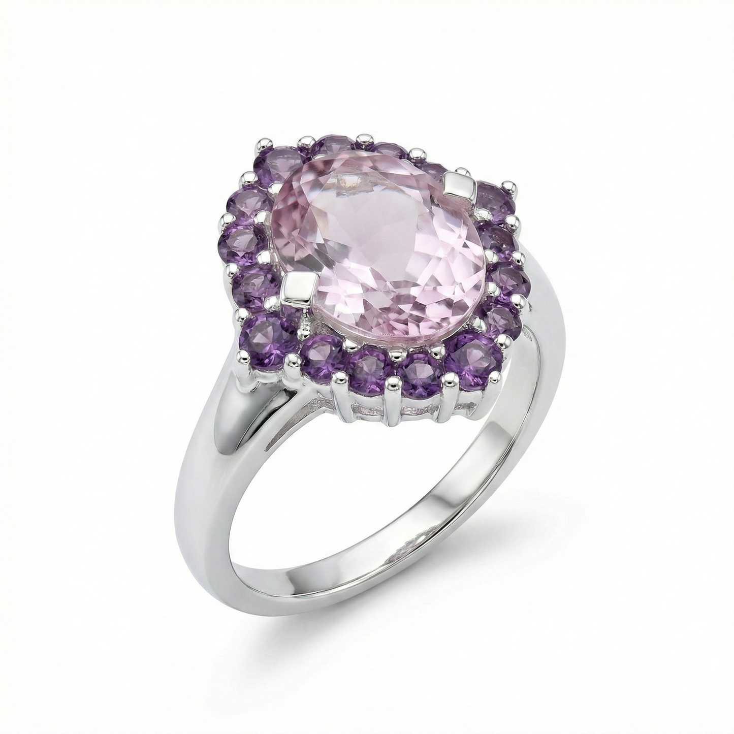 Pink Amethyst Halo Silver Ring