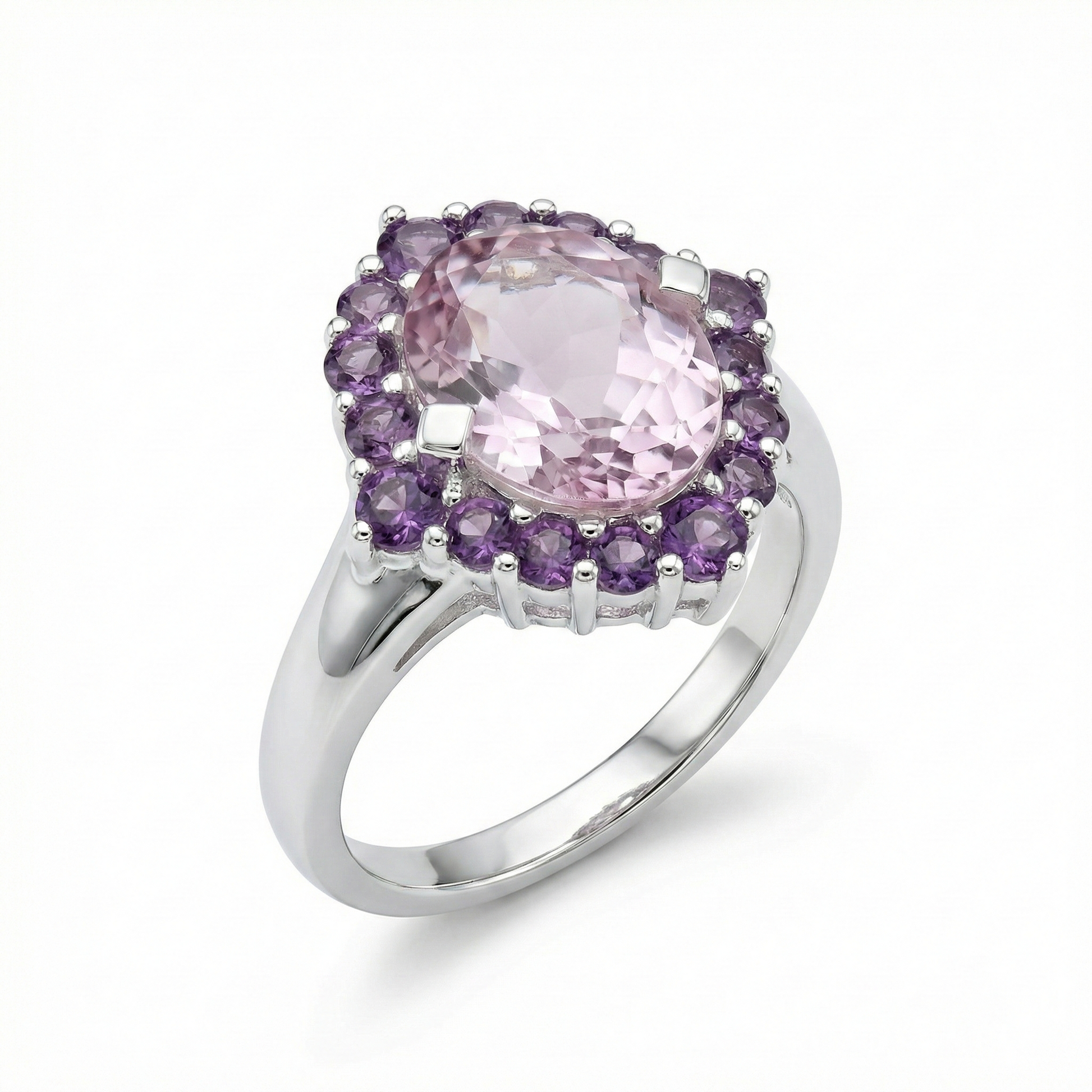 Pink Amethyst Halo Silver Ring
