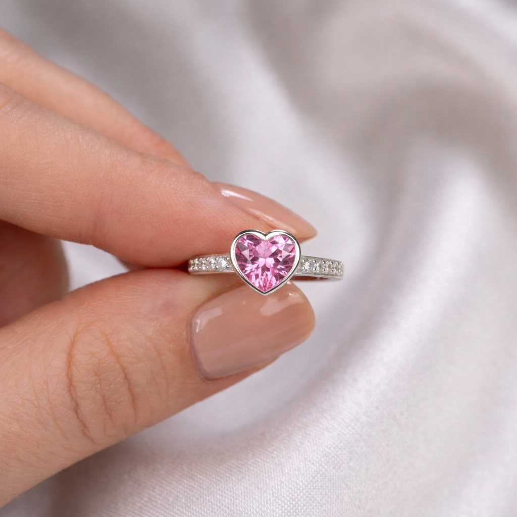 Pink Heart Sapphire Silver Ring