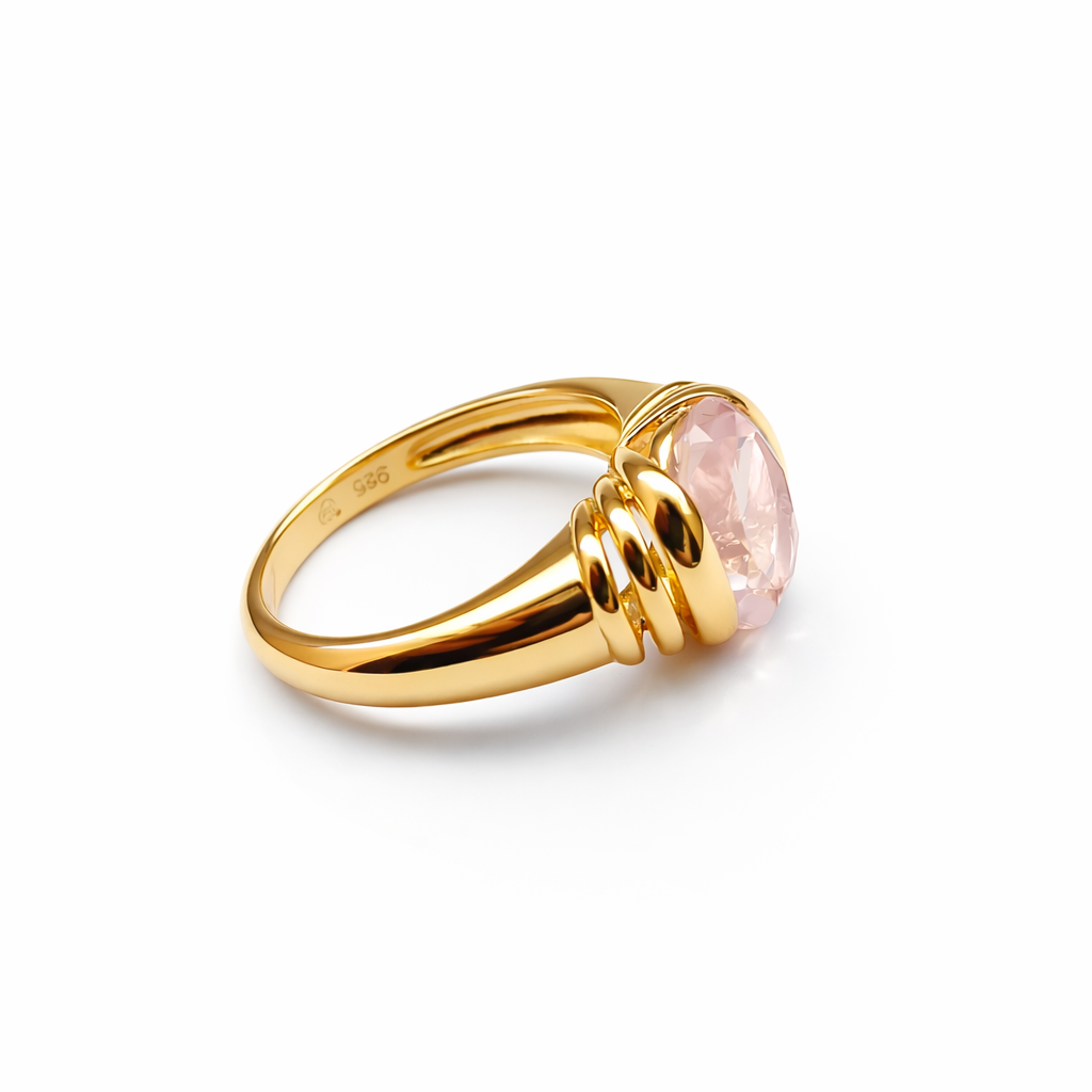 Pink Quartz Gold Plated Godronne Ring