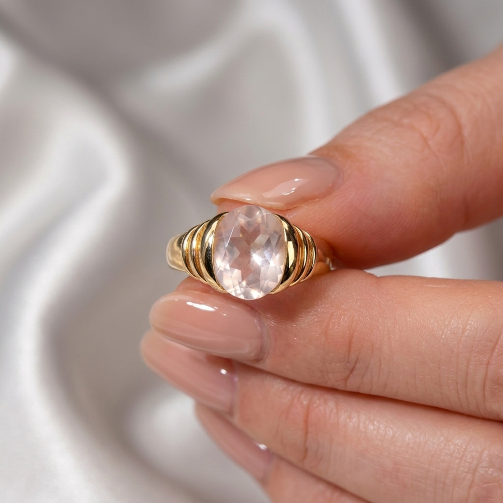 Pink Quartz Gold Plated Godronne Ring