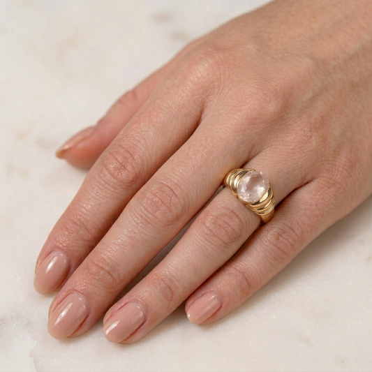 Pink Quartz Gold Plated Godronne Ring