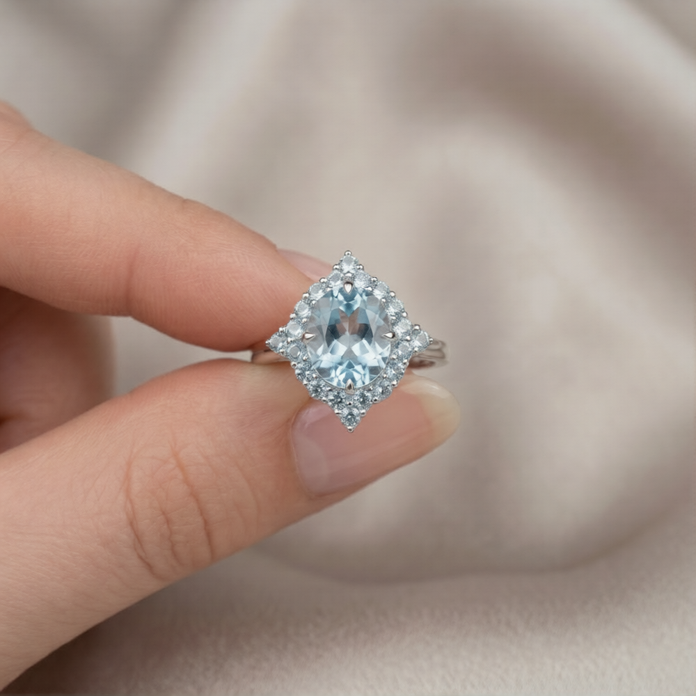 Sky Blue Topaz Halo Silver Ring