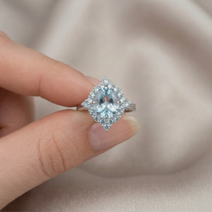 Sky Blue Topaz Halo Silver Ring