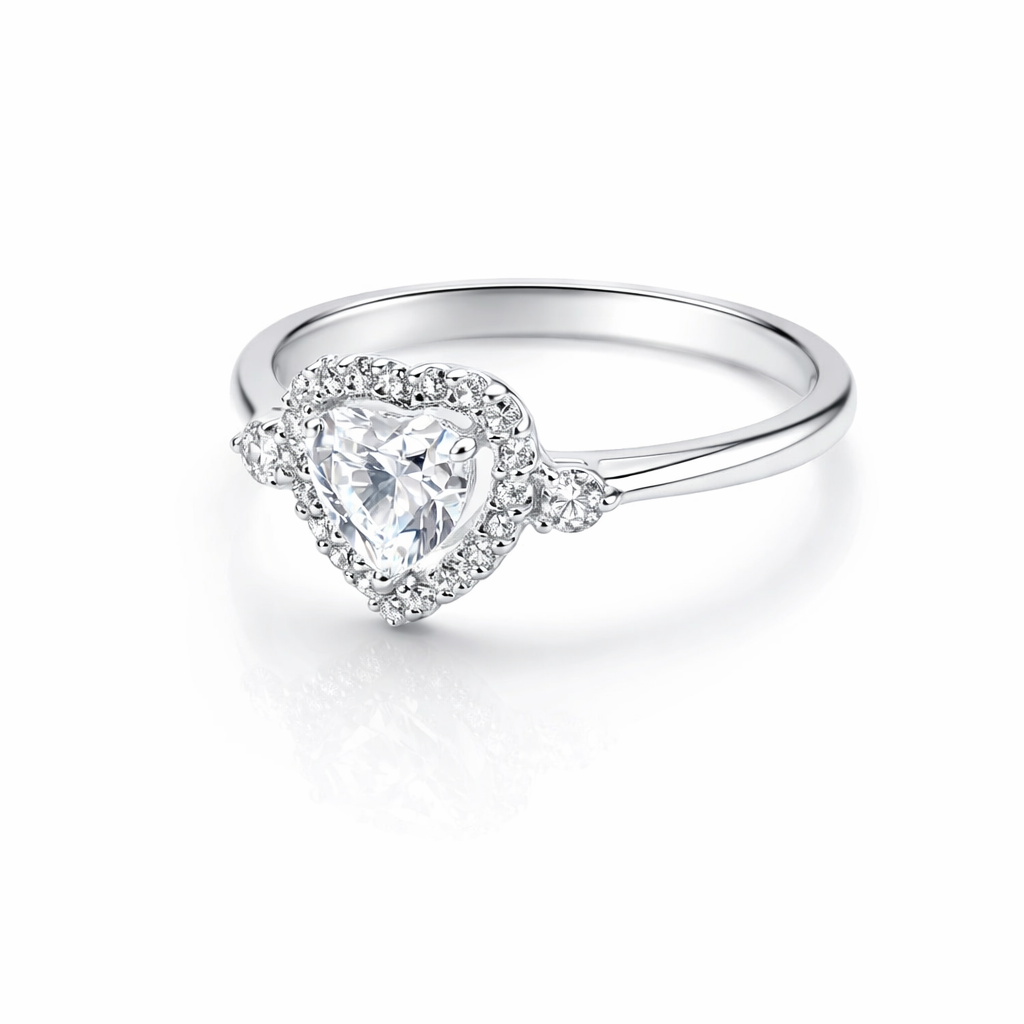 Silver ring with a heart-shaped diamond 