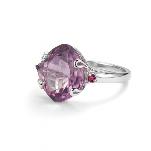 Silver ring with a large cushion amethyst