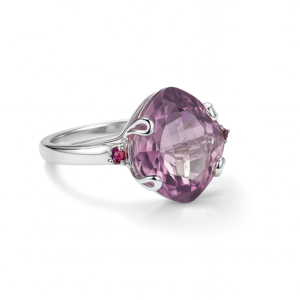Silver ring with a large pink cushion amethyst