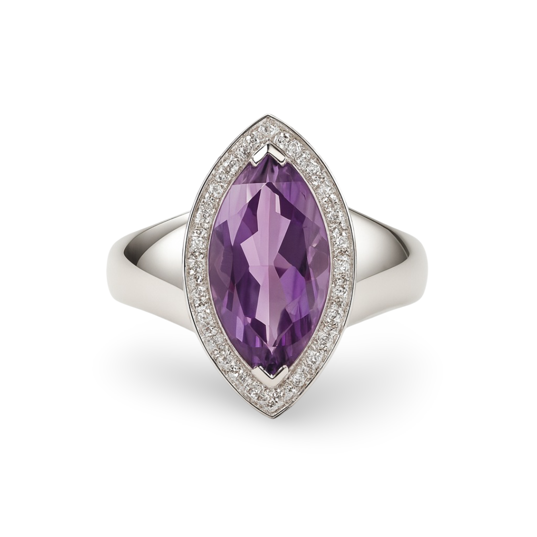 a modernist silver ring with a central amethyst