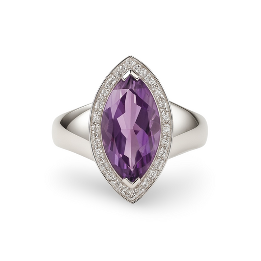 a modernist silver ring with a central amethyst