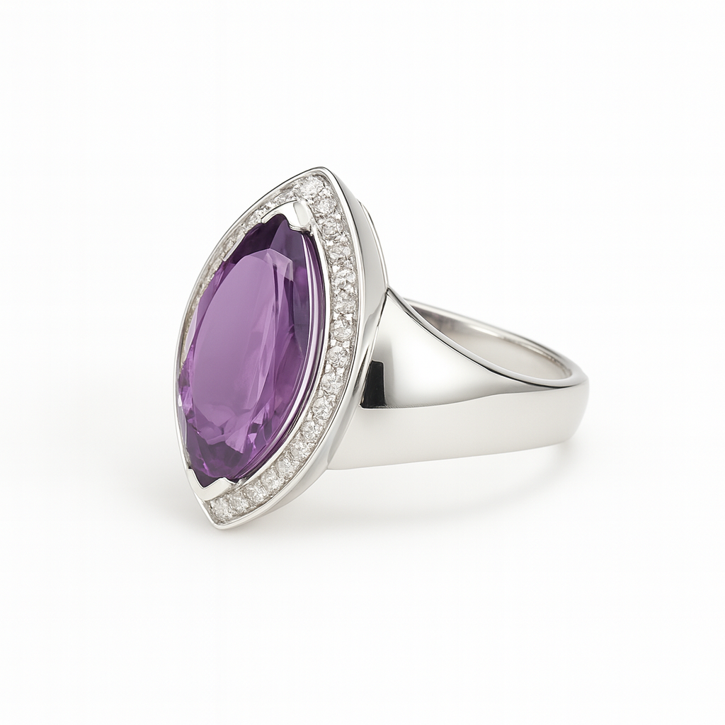 a modern silver ring with a central amethyst
