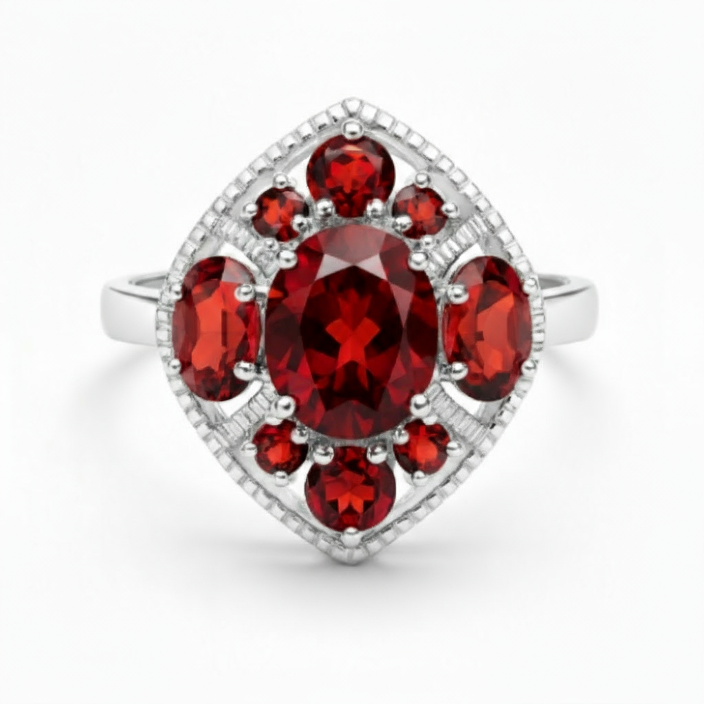 Silver ring with natural garnet cluster