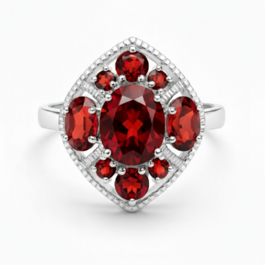 Silver ring with natural garnet cluster