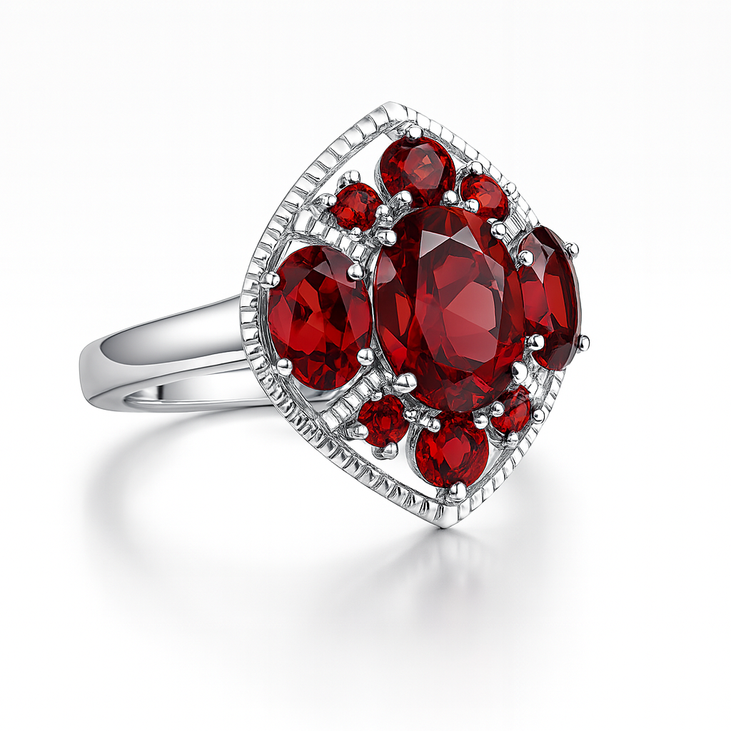 Silver ring with natural garnet cluster
