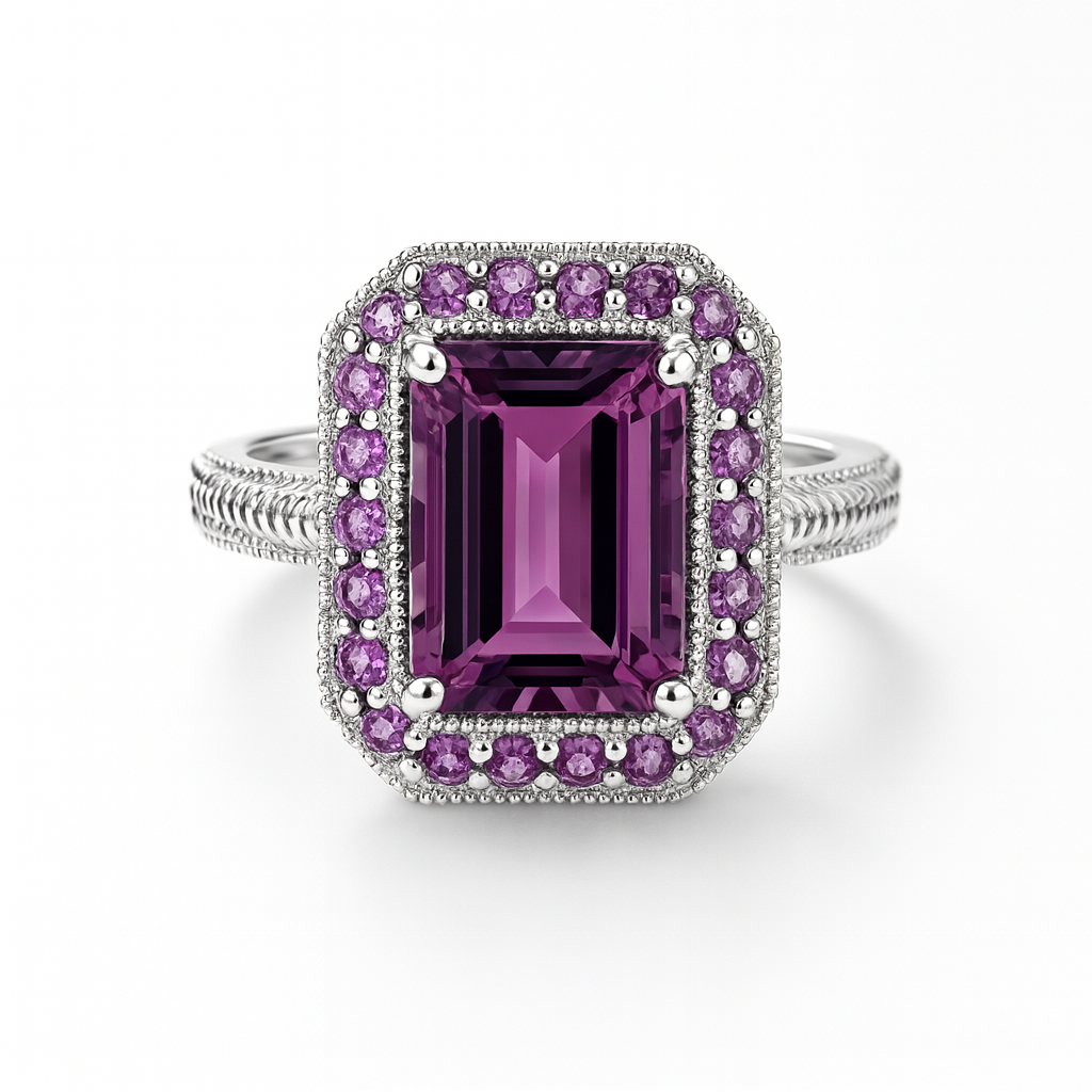 Halo ring with a large amethyst central stone