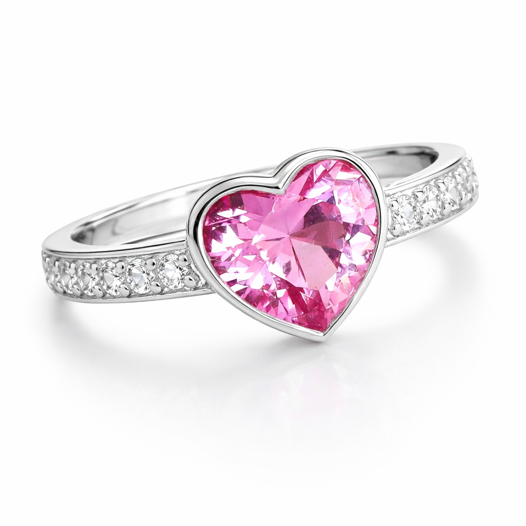 pink heart-shaped sapphire silver ring